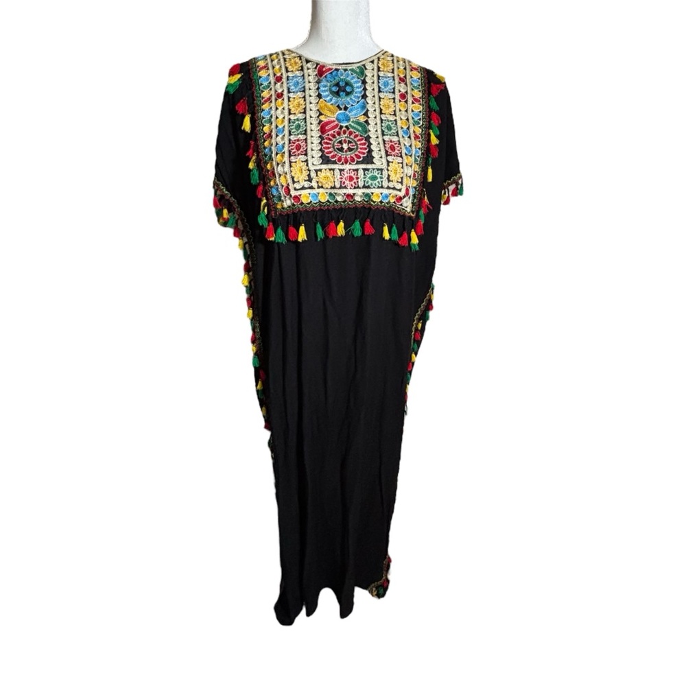 Tag Fashion Black Cotton Embroidered Maxi Dress Caftan Tassel Trim Medium FLAW